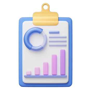 3D Clipboard with growing bars graphic, donut or pie chart floating on transparent. Writing on document. SEO web analytics. Business Cartoon icon minimal style. 3d render with clipping path. png