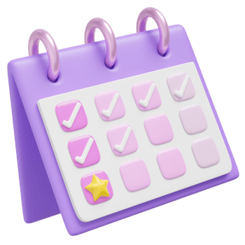 3D Calendar assignment icon. Purple calender with check mark sign floating on transparent. Star day for event, holiday plan, reminder concept. Cartoon icon minimal smooth. 3d rendering png