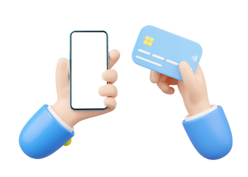 3D Hand holding credit card, smartphone. Online store credit, debit card accept on transparent. Mobile phone blank white screen. Withdraw money, Easy shop, Cashless society concept. 3d cartoon render. png