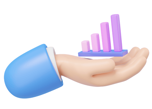 Hand holding growing bars graphic floating on transparent. Rising value chart. SEO web analytics. Business financial investment growth. Cartoon icon minimal style. 3d render illustration. png