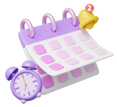 3D Calendar reminder icon. Purple calender with empty date, bell, clock floating on transparent. Scheduled, event, holiday plan, business notification concept. Cartoon icon smooth. 3d rendering. png
