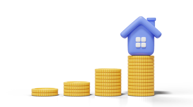 3d blue house on gold coins stack on transparent. Home model with windows, door icon. Business financial investment growth concept. Mockup cartoon icon minimal smooth style. 3d render illustration. png