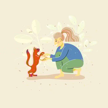 Cute young girl and a cat. Pet owner. Colorful vector illustration in flat cartoon style.