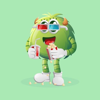 Cute green monster watching movie with holding soda and popcorn vector