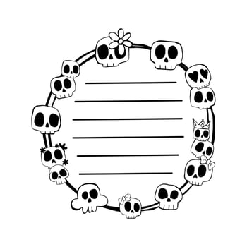 Notepaper black line and Skull on two circle. Vector illustration about Halloween for decorate logo, greeting cards, stationery and any design.