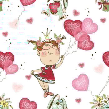 Seamless pattern on the birthday theme. Funny cute girl with balloons and gifts and a cake for the evening. Vector. vector