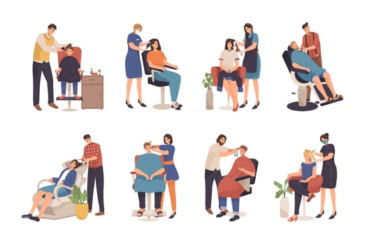 Hair stylist with male and female customers at barbershop or salon. Trimming, shampooing, conditioning and styling hair vector