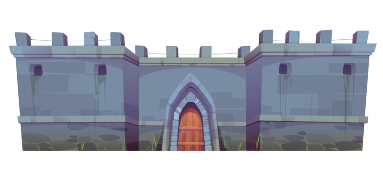 Medieval stone castle wall, wooden gate cartoon vector