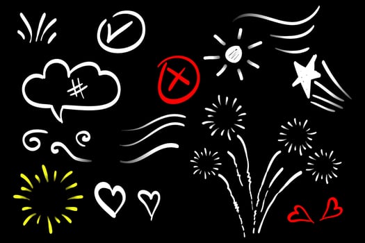 Doodle elements for concept design on set. isolated on black background. Infographic elements. Emphasis, curly swishes, swoops, swirl, arrow, heart, crown, star. vector illustration.