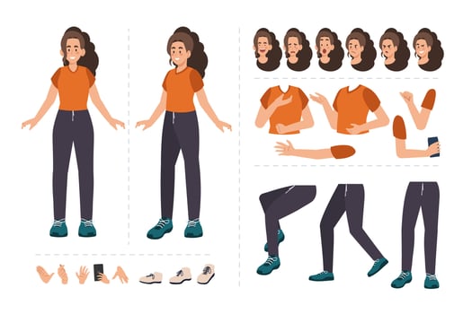 Woman cartoon character for motion design with facial expressions, hand gestures, body and leg movement vector