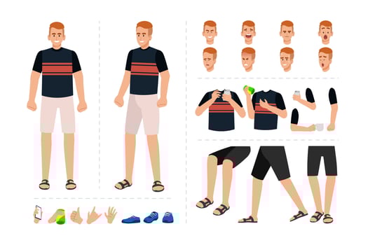 Young man in casual clothes with various facial expressions, hand gestures, body and leg movement illustration. Cartoon character for motion design animation vector