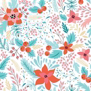 Floral Christmas pattern. Botanical seamless Christmas background with poinsettia, red berry, fir branch, Christmas star. Winter time repeated print, wallpaper, textile design. Vector illustration