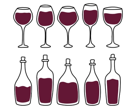 Set of bottles and glasses with red wine. Doodle style. Vector illustration. Wine collection in doodle style.