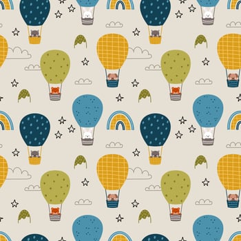 Animals fly in air balloon. Seamless pattern for children room. Endless background for printing on fabric and wrapping paper. Cute baby illustration. vector