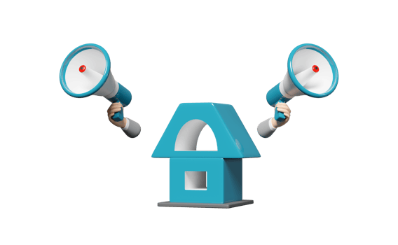 3d house with megaphone, hand speaker isolated. discount sales icon, promotion news for social media networks, business goal concept, 3d render illustration png
