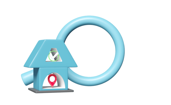 3d blue house with magnifying glass, check marks, tick marks symbols, pin isolated. online shopping, search data concept, 3d render illustration png