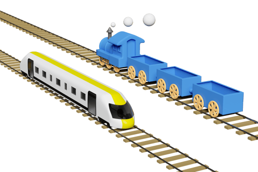 3d locomotive, bullet train with railroad tracks, steam train transport toy, planning traveler tourism train isolated. 3d render illustration png