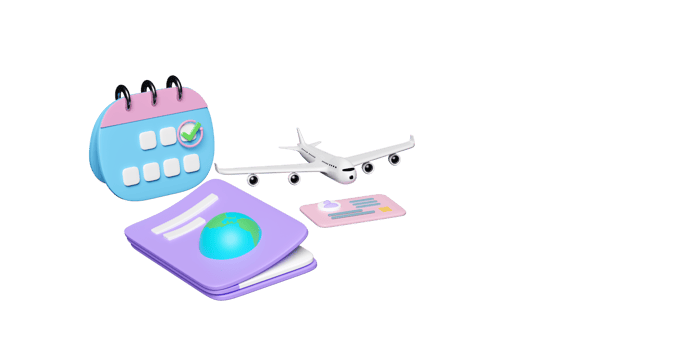 3d passport or international travel for tourism, calendar for marked date business with airplane, ID card, check marks isolated. 3d render illustration png