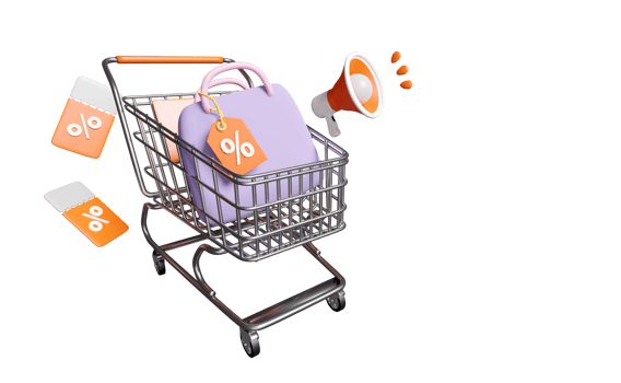 3d bag, discount sales icon for shopping online with shopping cart, megaphone, basket, price tags coupon isolated. marketing promotion bonuses, 3d render  illustration png