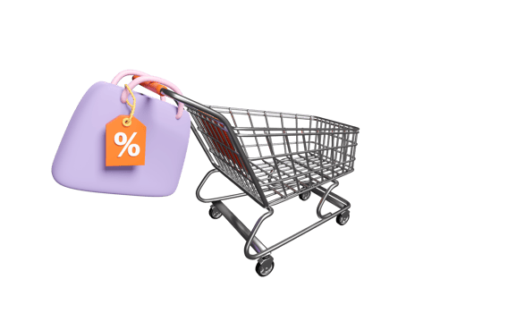 3d bag, discount sales icon for shopping online with shopping cart, basket, price tags coupon isolated. marketing promotion bonuses, 3d render illustration png