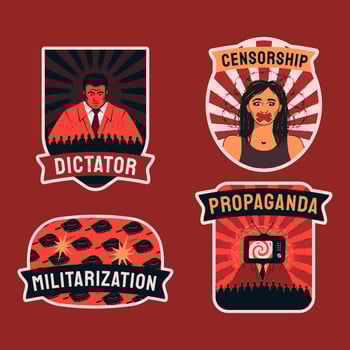 Red and black stickers, symbols of dictatorship, censorship, propaganda and militarization of society. vector