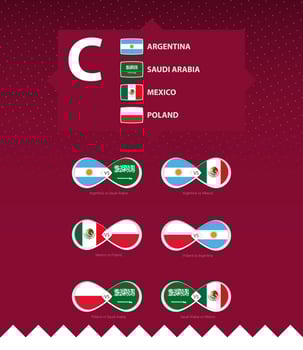Group C of football tournament, flags and match icon set. vector