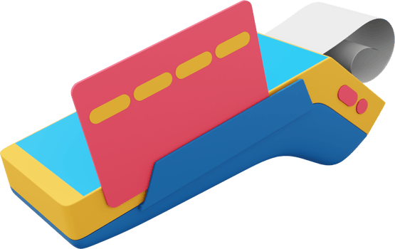 NFC POS Terminal GPRS point with Paper Receipt and a credit card. Mockup screen. Payment Machine. PNG on a transparent background. 3D rendering.