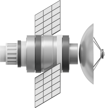 Space satellite with an antenna. Orbital communication station intelligence, research. 3D rendering. Metallic PNG icon on transparent background.