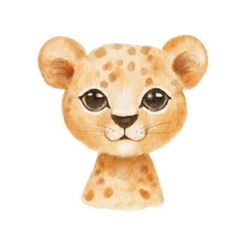 Cute portrait cheetah head in cartoon style. Drawing african baby wild cat face isolated on white background. Watercolor sweet leopard vector