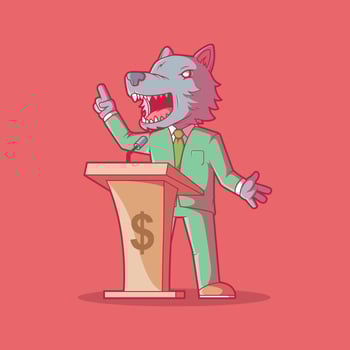 Politician wolf character vector illustration. Money, politics, corruption design concept.