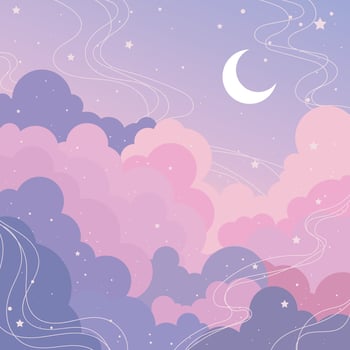 moon among stars and clouds, marshmallow sky, pink sky vector