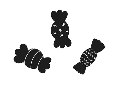 Halloween 2022 - October 31. A traditional holiday. Trick or treat. Vector illustration in hand-drawn doodle style. Set of caramel and candy silhouettes.