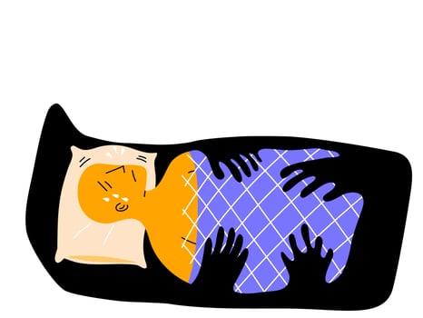 A man is asleep and get nightmare and sleep paralysis. Sleep Paralysis concept, flat vector illustration.