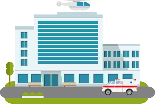 City hospital building cartoon modern with ambulance flat style and the car and the helicopter of medical care. City medical clinic.Design element for the website, a banner, a poster, leaflets. vector