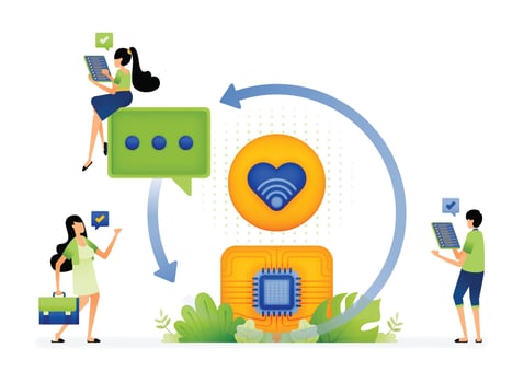 illustration of dating apps use artificial intelligence chips to circulate the romantic vibes of couple or user chat communication. design can be used for landing page, startup apps, web page, ads vector