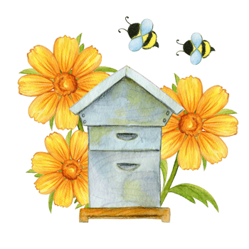 Old wooden house for bees, yellow calendula flowers, honey collection, watercolor painting in cartoon style, isolated on a white background png