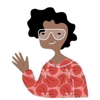 cartoon character of a teenage girl say hi hand and she wear eyeglasses, flat vector illustration.