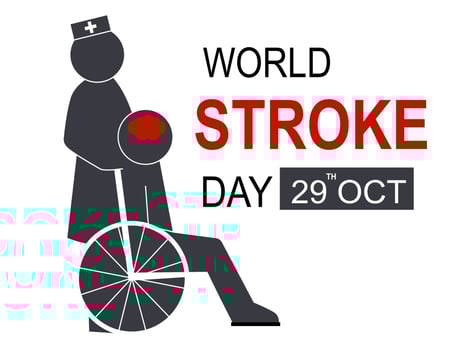 World stroke day banner, silhouette of stroke patient on wheelchair with nurse on white. Design for banner and poster, flat vector illustration.