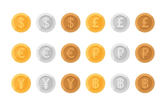 Set of icons coins on the isolated white background,euro, pound sterling,Bank notes dollar,ruble vector