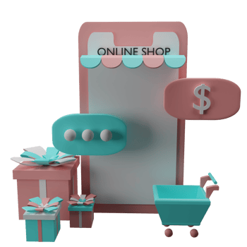 3D Illustration Concept of online shopping on social media app. smartphone with shopping bag, cart, gift. png