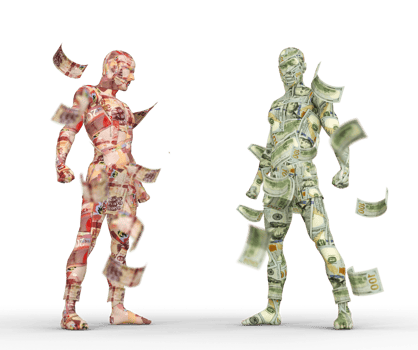 US Dollar vs Ghanaian cedi, Forex trading, currency pairing, human characters made of money, currency fight, 3d rendering png