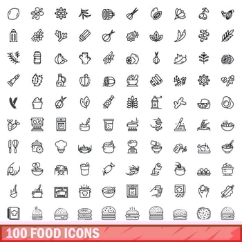 100 food icons set, outline style vector