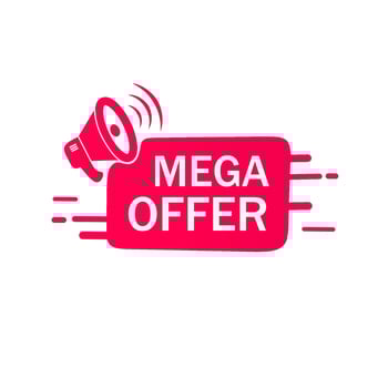 Mega offer banner, label with megaphone. Flat design template, Vector illustration.