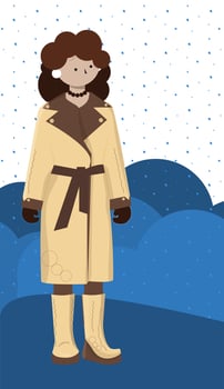 Woman winter clothes stands on blue snow, vector