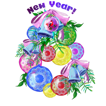 New year design, Holiday balls, with bells, ribbons. Multicoloured illustration. png