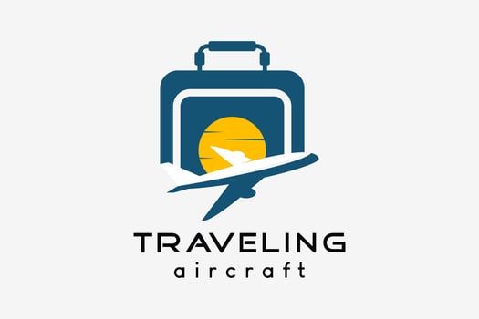 Airplane logo design, tourism business travel vector illustration. Airplane icon with push bag or suitcase icon in creative concept