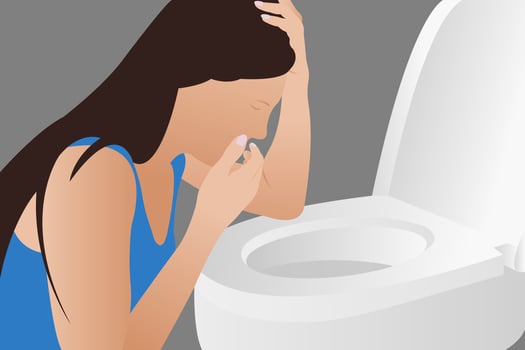 A young woman throws up over the toilet at an early stage of pregnancy, or after drinking vector