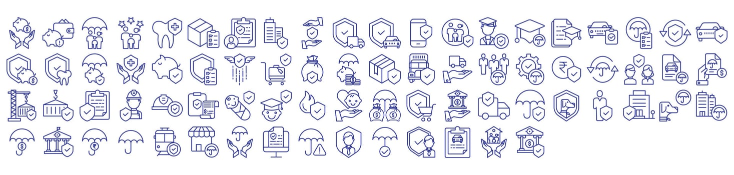 Collection of icons related to Insurance and risk management, including icons like Health insurance, protection, shield, Umbrella and more. vector illustrations, Pixel Perfect
