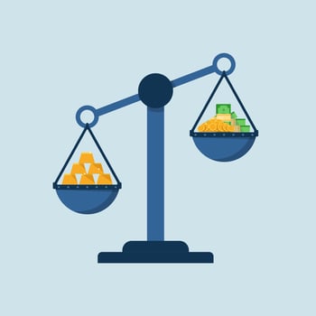 money and gold bars on golden scales isolated vector