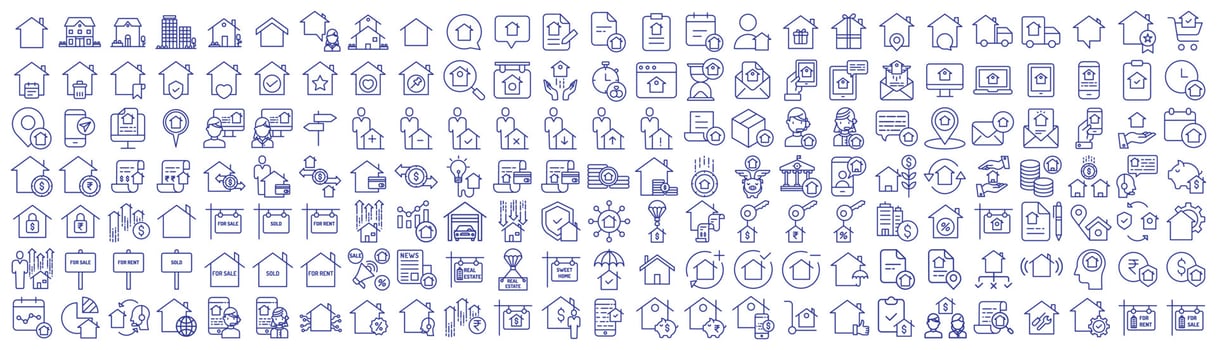 Collection of icons related to Real estate and property, including icons like property, house, Building, House and more. vector illustrations, Pixel Perfect